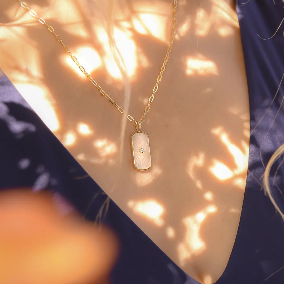 Mother of Pearl Sunburst Mystical Gold Paperclip Charm Necklace