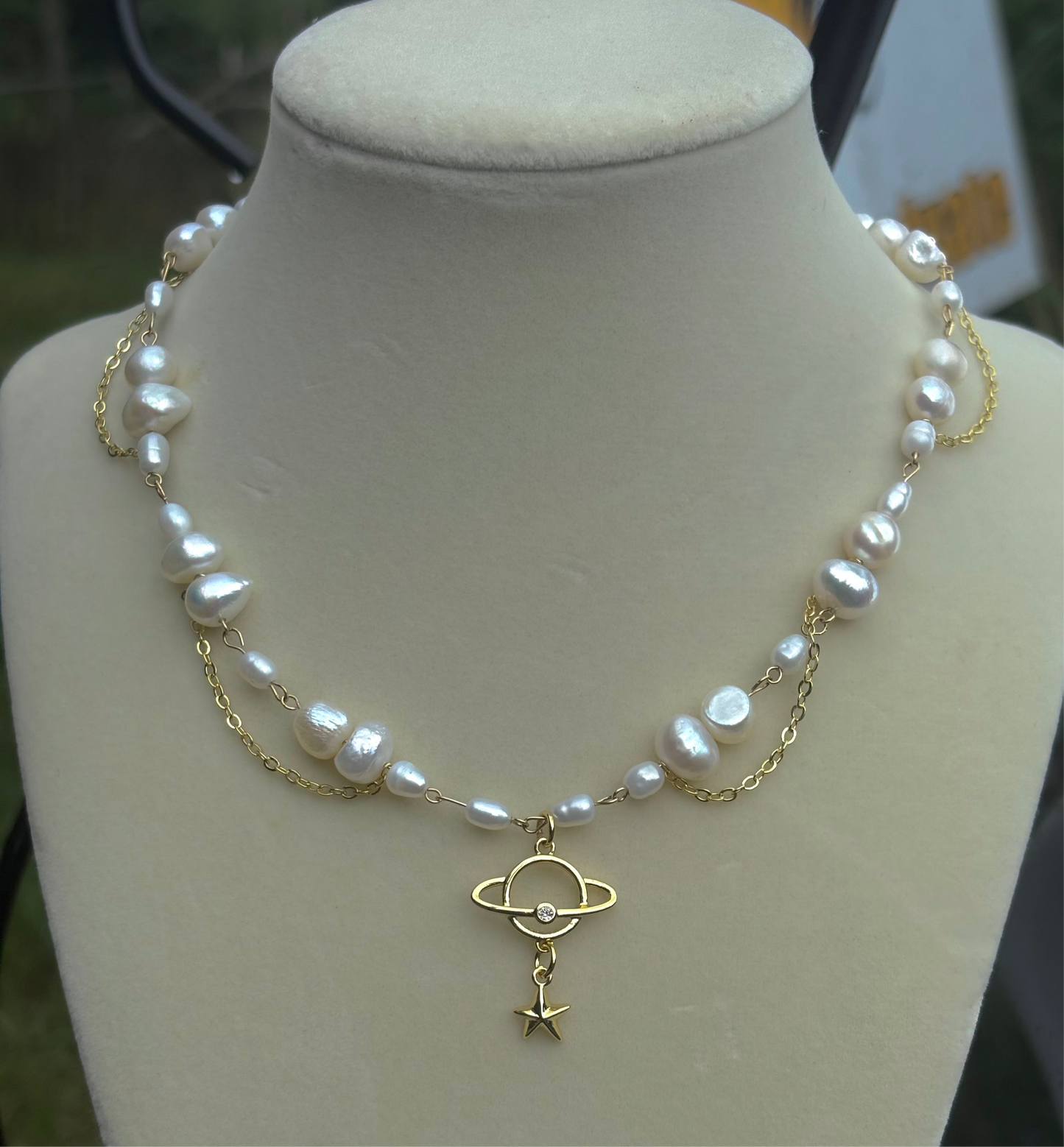 Saturn pearl necklace 18k gold adjustable length fairy star choker