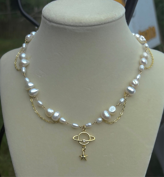 Saturn pearl necklace 18k gold adjustable length fairy star choker