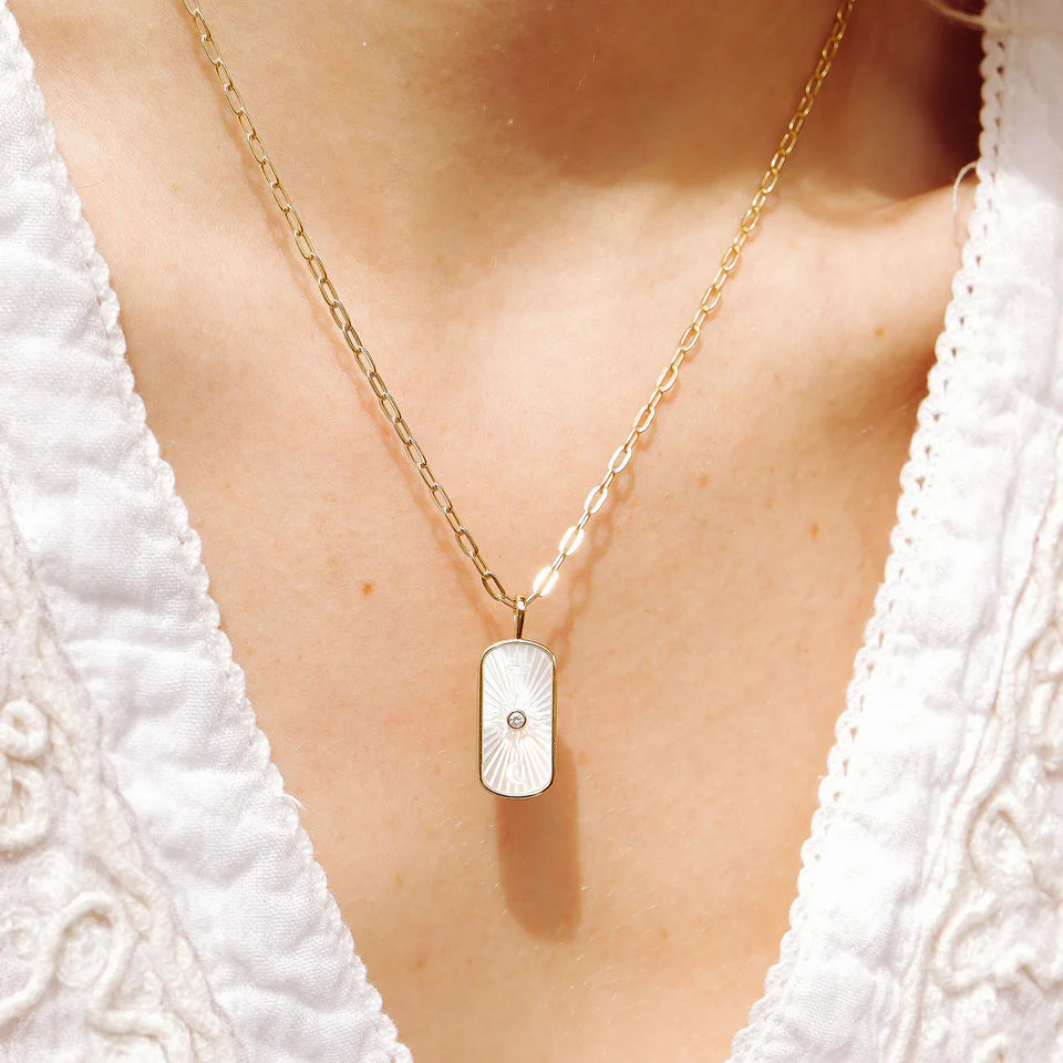Mother of Pearl Sunburst Mystical Gold Paperclip Charm Necklace