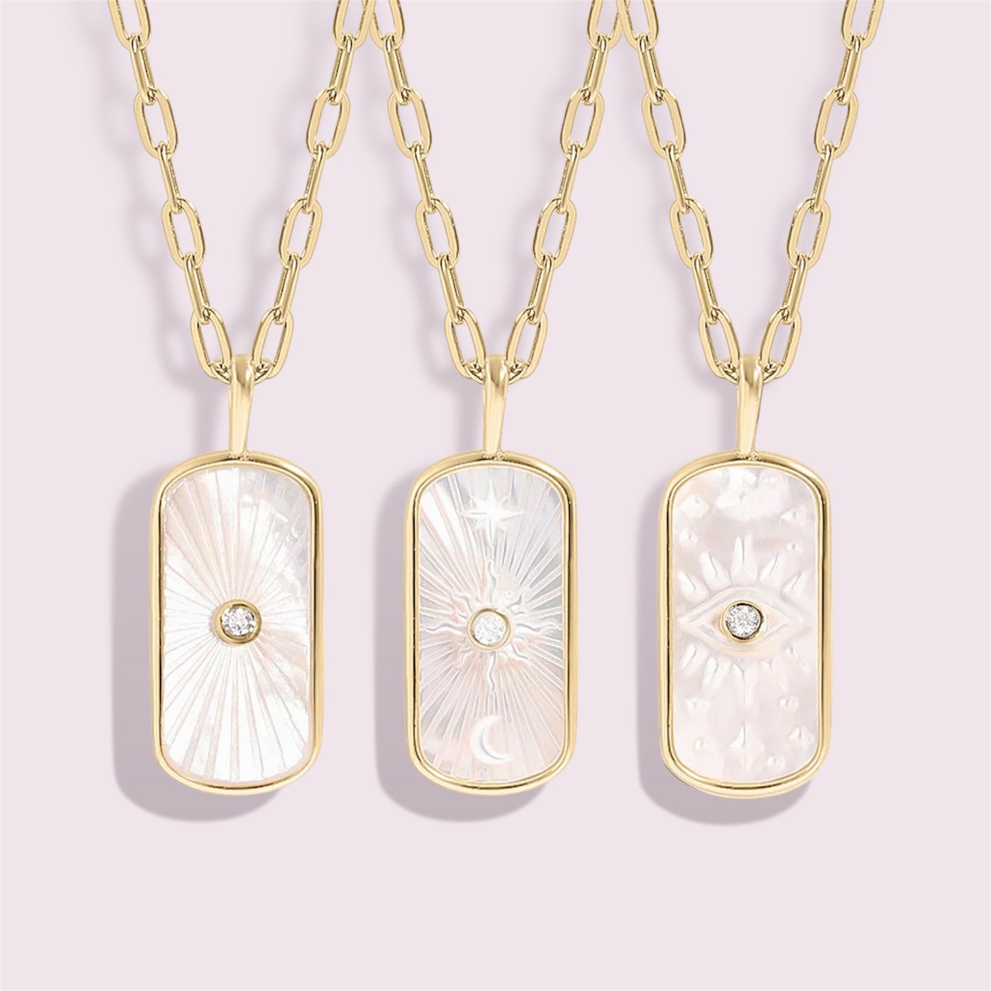 Mother of Pearl Sunburst Mystical Gold Paperclip Charm Necklace