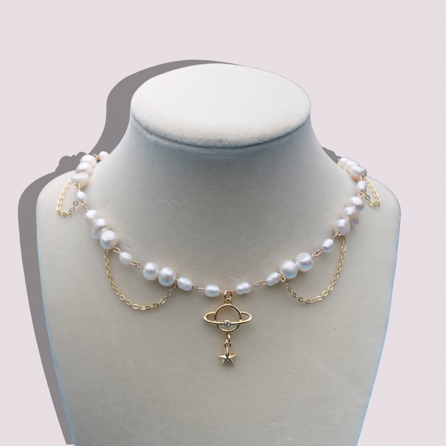 Saturn pearl necklace 18k gold adjustable length fairy star choker