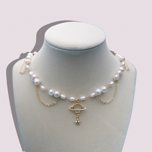 Saturn pearl necklace 18k gold adjustable length fairy star choker