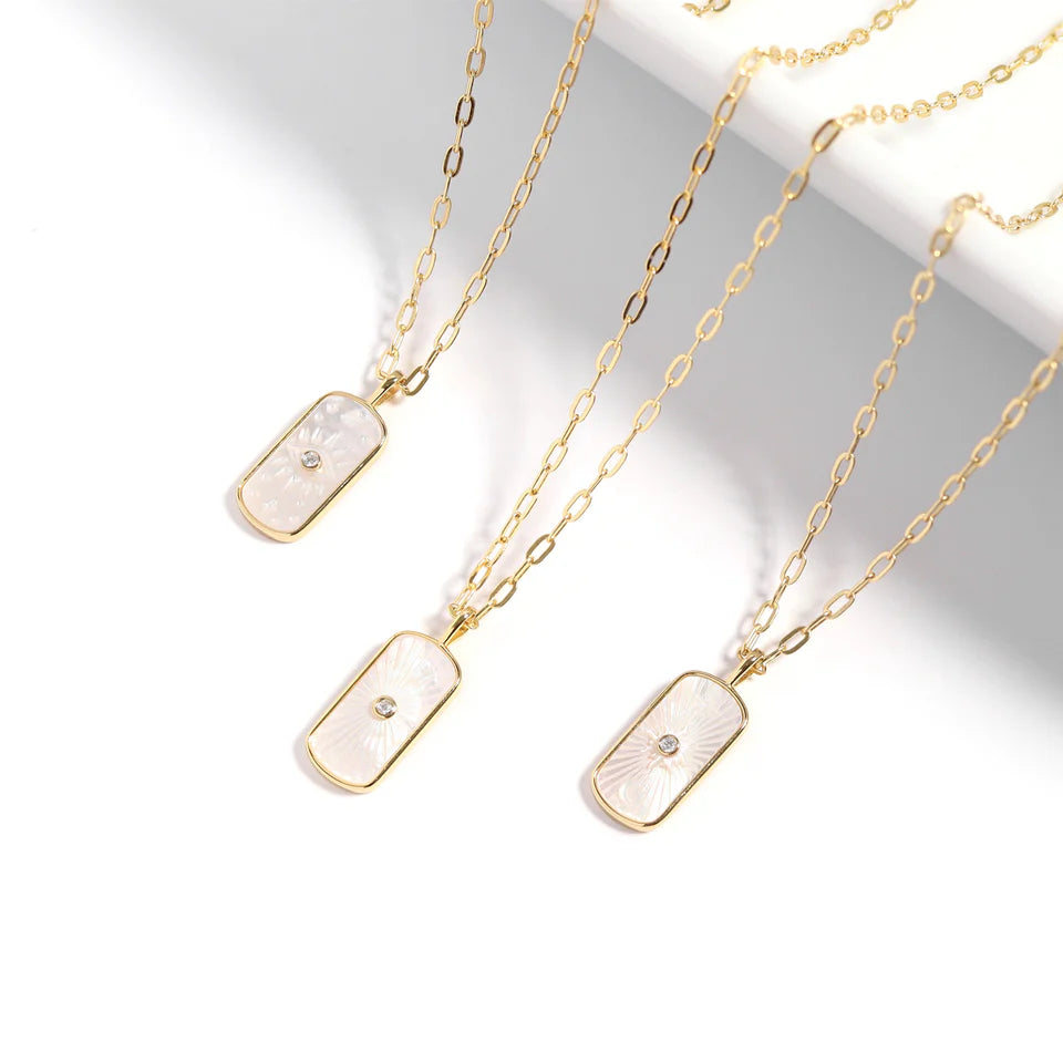 Mother of Pearl Sunburst Mystical Gold Paperclip Charm Necklace