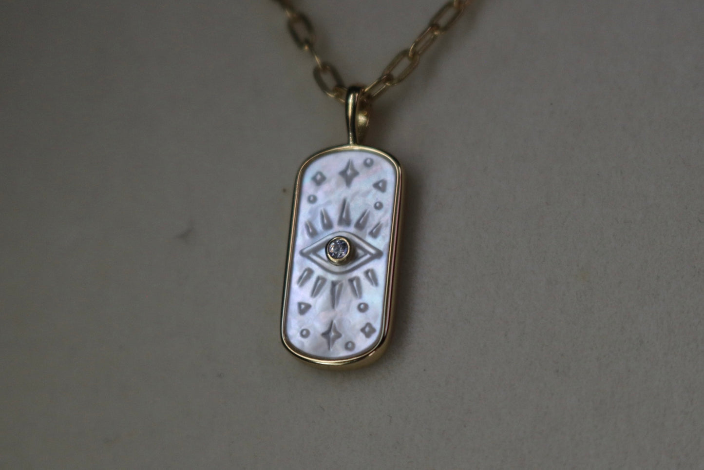 Mother of Pearl Sunburst Mystical Gold Paperclip Charm Necklace