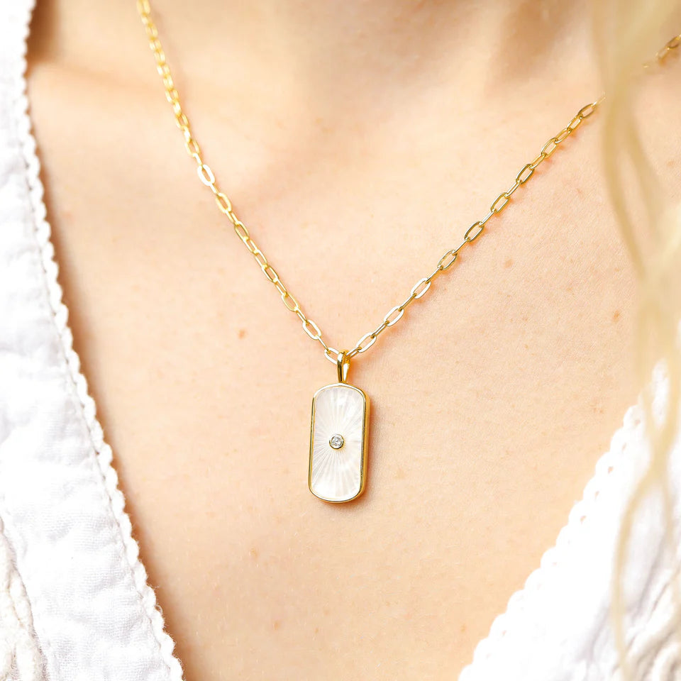 Mother of Pearl Sunburst Mystical Gold Paperclip Charm Necklace