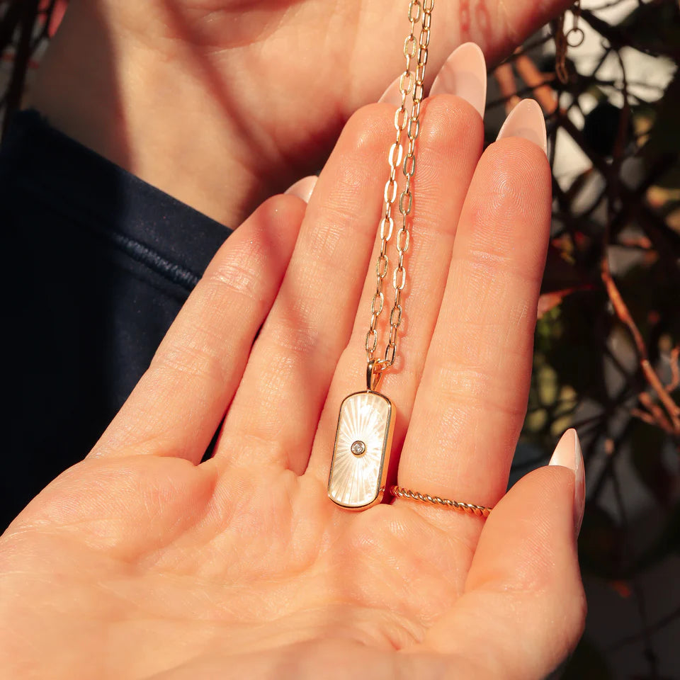 Mother of Pearl Sunburst Mystical Gold Paperclip Charm Necklace