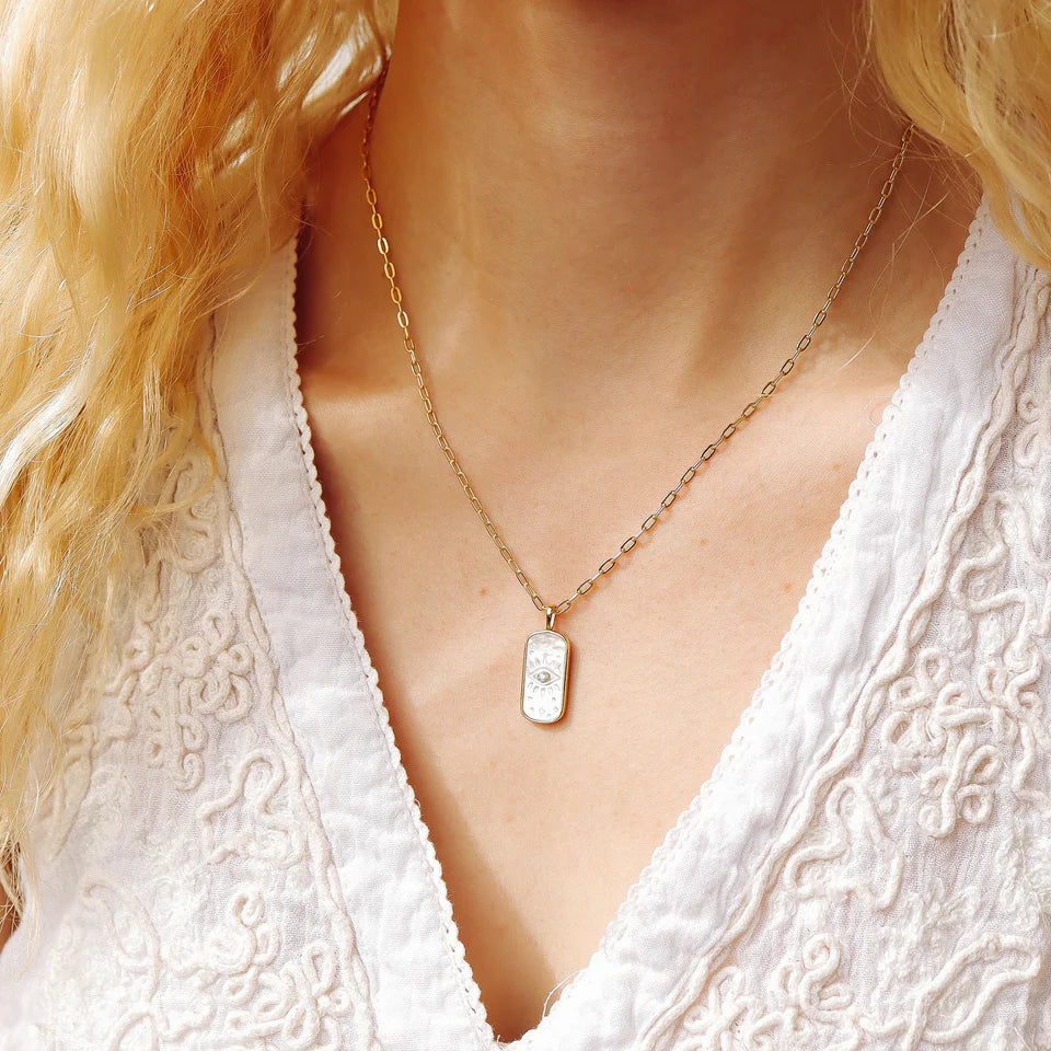 Mother of Pearl Sunburst Mystical Gold Paperclip Charm Necklace