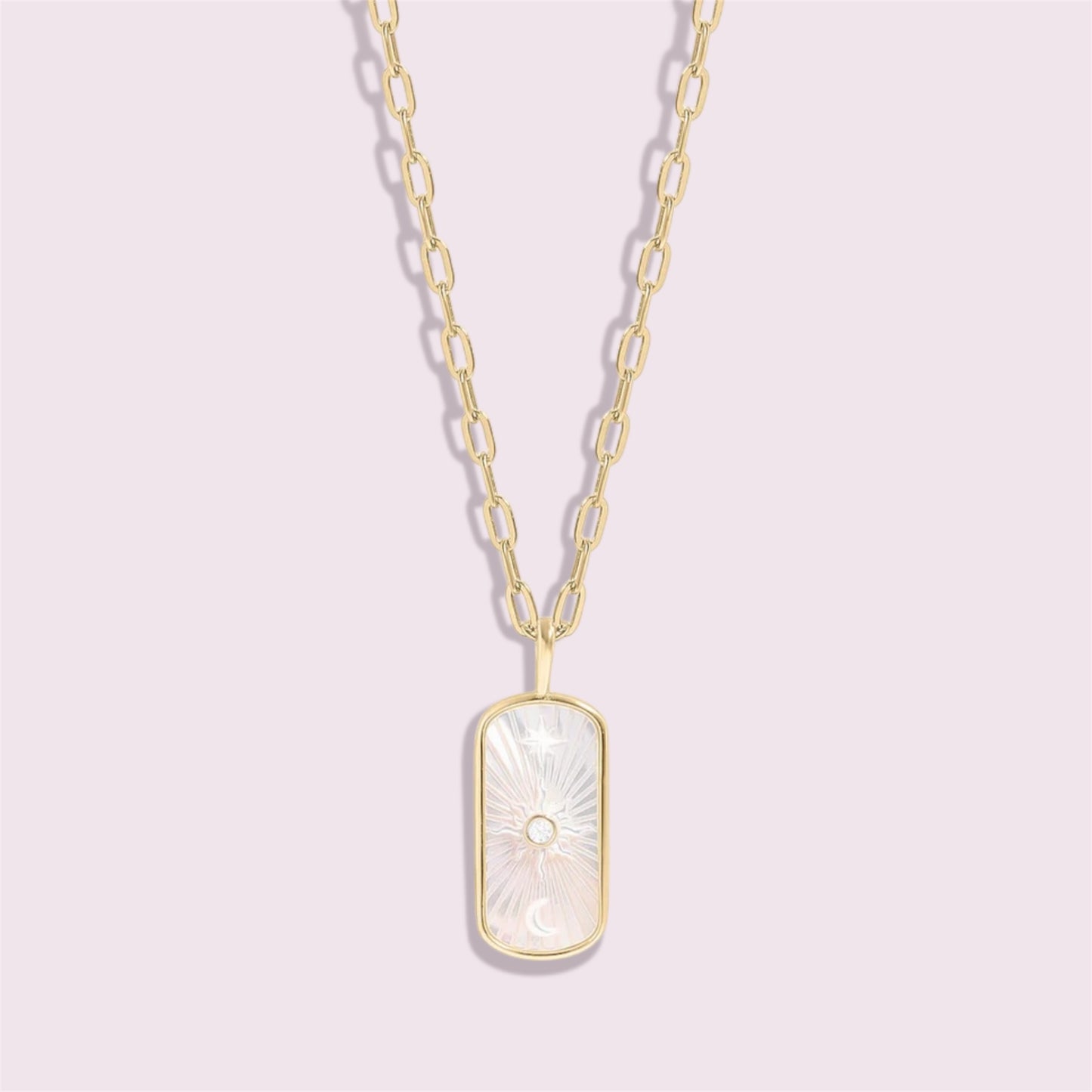 Mother of Pearl Sunburst Mystical Gold Paperclip Charm Necklace